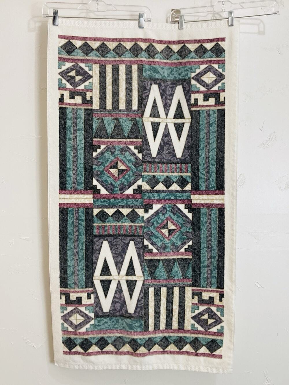 Vintage 1990s Springs Bath Towel USA Teal Geometric Vaporwave Memphis Design Dec